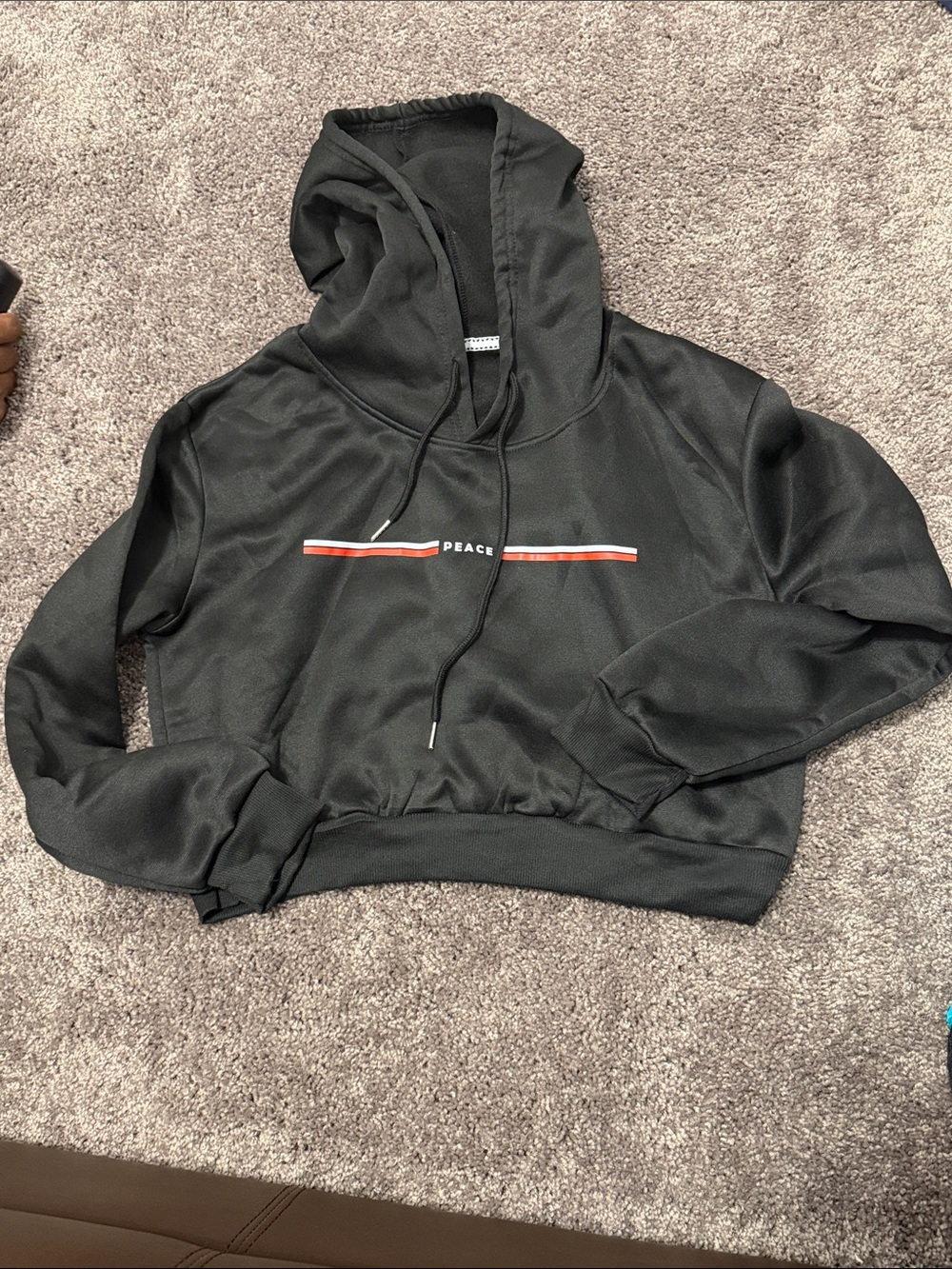 Black Cropped Hoodie with 'PEACE' Stripe Detail